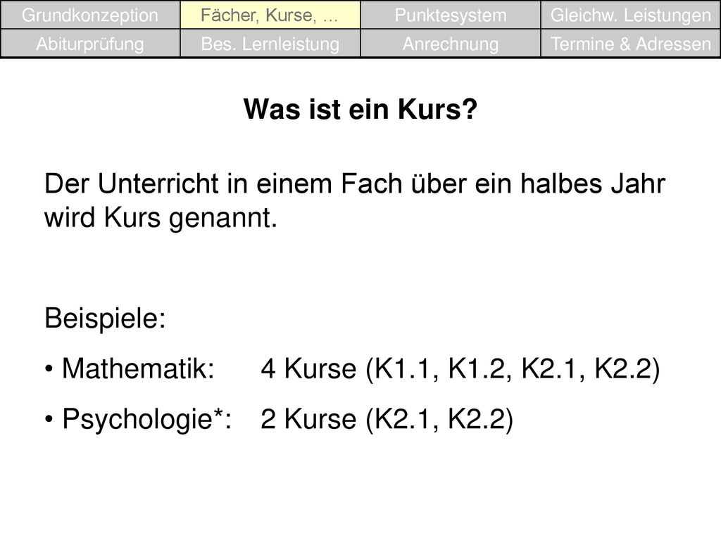 Der Unterricht in einem Fach über ein halbes Jahr wird Kurs genannt.