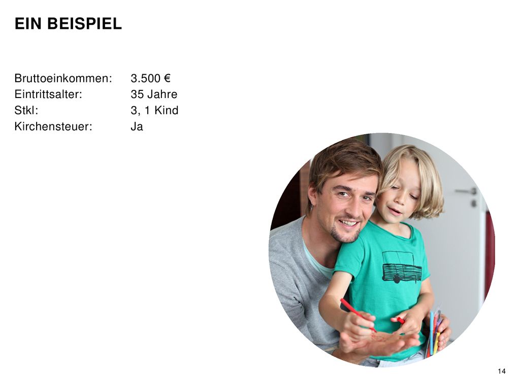 Ein Beispiel Bruttoeinkommen: € Eintrittsalter: 35 Jahre Stkl: 3, 1 Kind Kirchensteuer: Ja