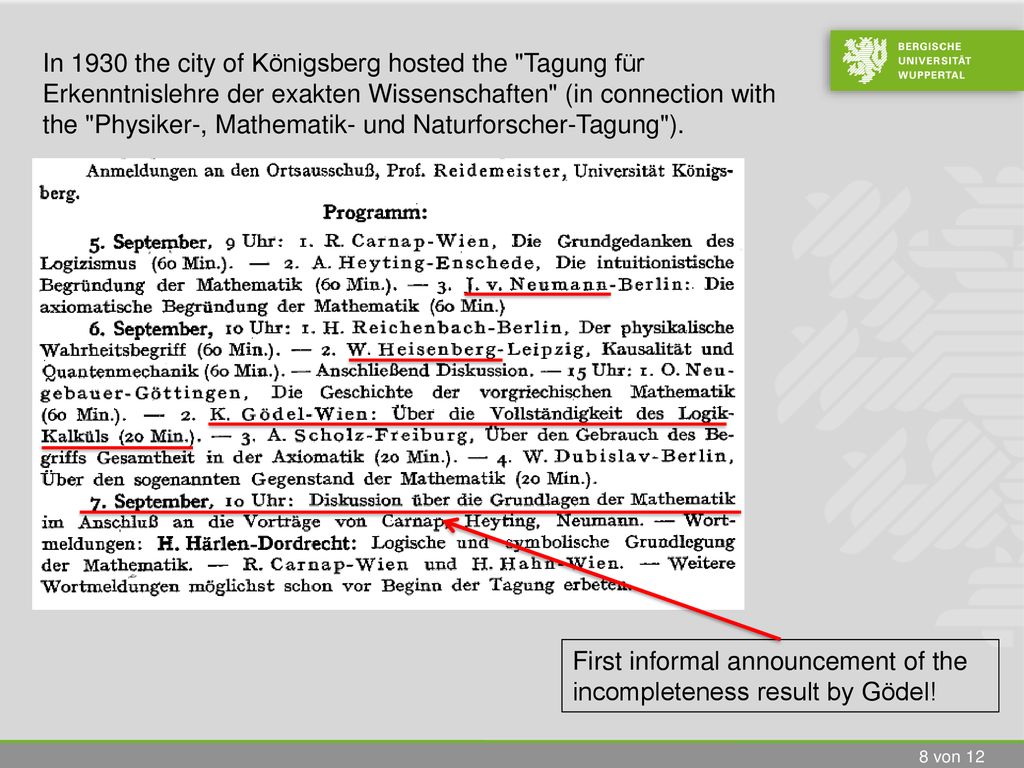 In 1930 the city of Königsberg hosted the Tagung für Erkenntnislehre der exakten Wissenschaften (in connection with the Physiker-, Mathematik- und Naturforscher-Tagung ).
