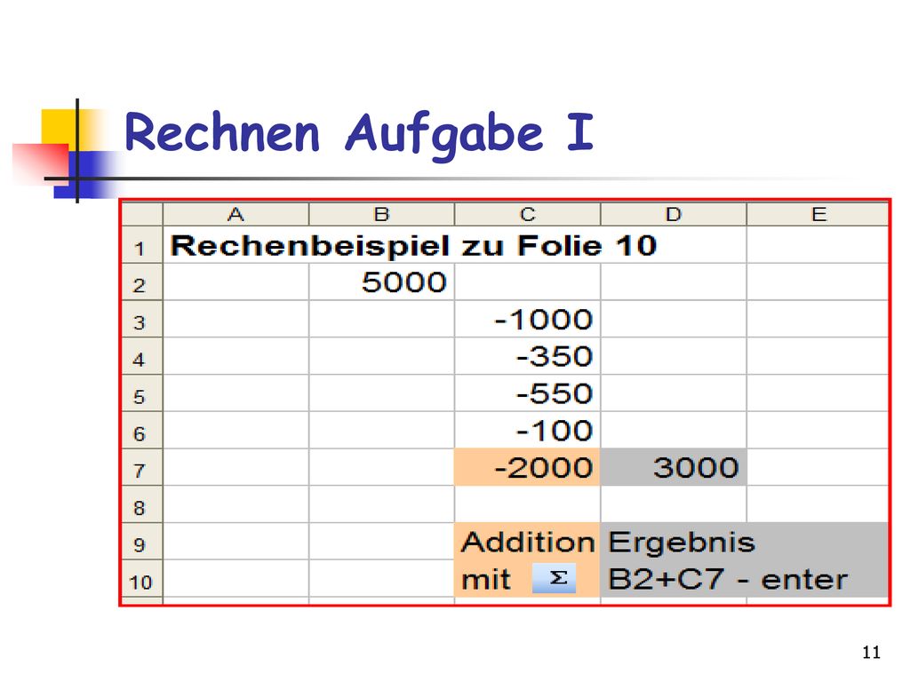 Rechnen Aufgabe I Rechnen Aufgabe I = Zeichen in D7!