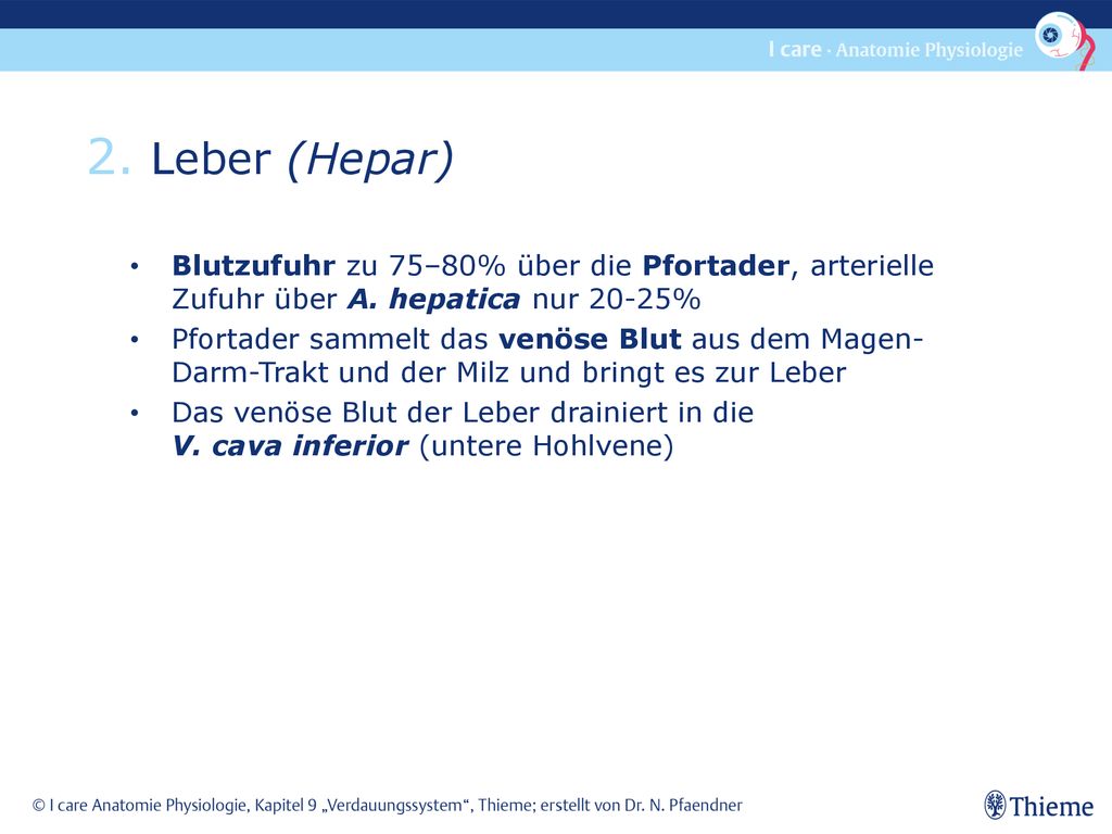 2. Leber (Hepar) Blutzufuhr zu 75–80% über die Pfortader, arterielle Zufuhr über A. hepatica nur 20-25%