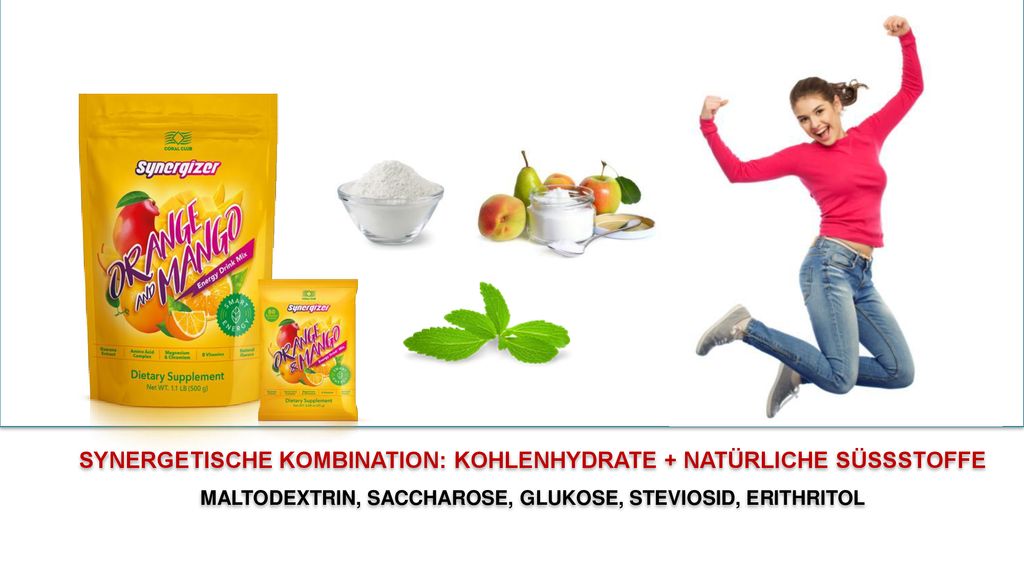 SYNERGETISCHE KOMBINATION: KOHLENHYDRATE + NATÜRLICHE SÜSSSTOFFE MALTODEXTRIN, SACCHAROSE, GLUKOSE, STEVIOSID, ERITHRITOL