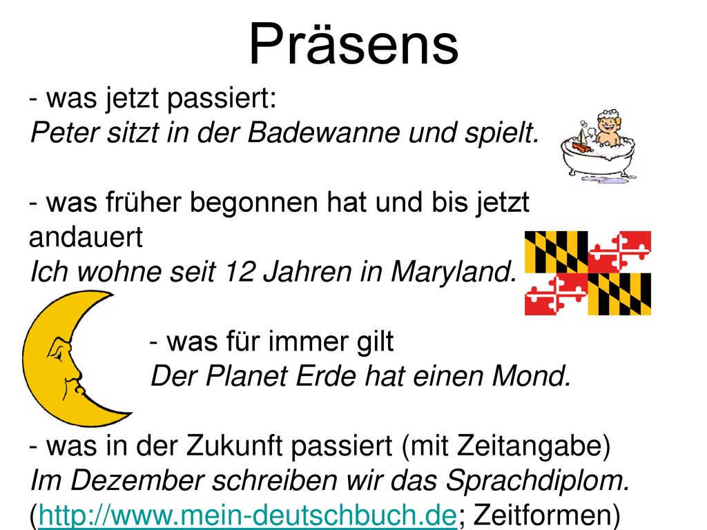 Präsens - was jetzt passiert: Peter sitzt in der Badewanne und spielt.