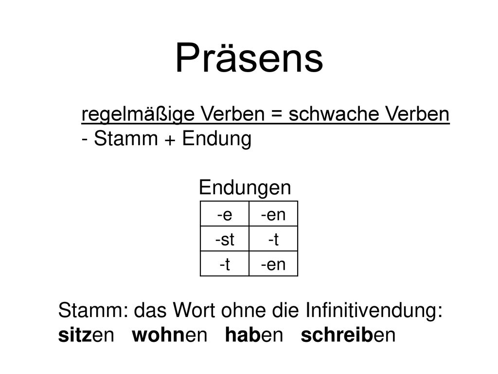 Präsens regelmäßige Verben = schwache Verben - Stamm + Endung Endungen