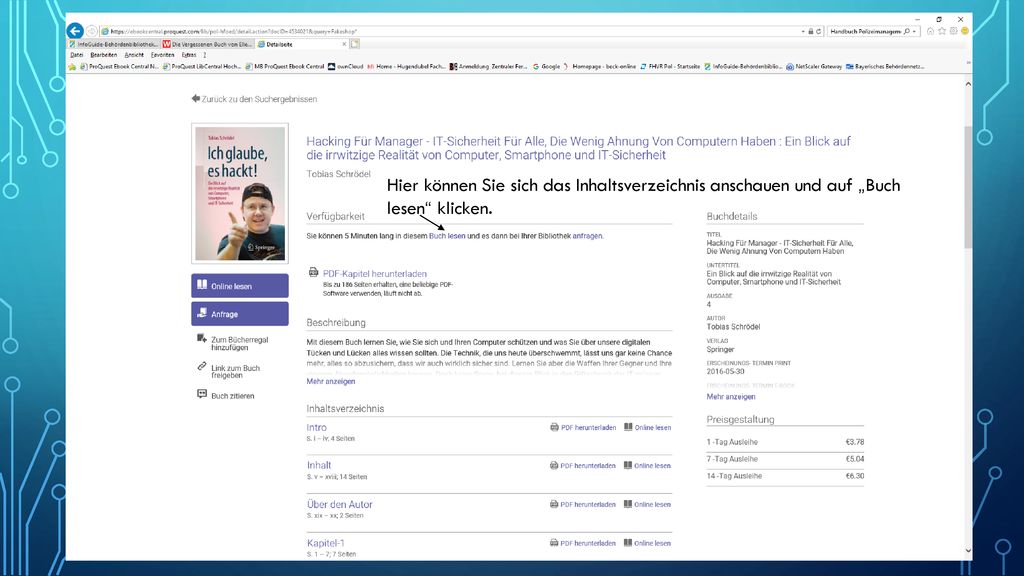 Hier können Sie sich das Inhaltsverzeichnis anschauen und auf „Buch lesen klicken.