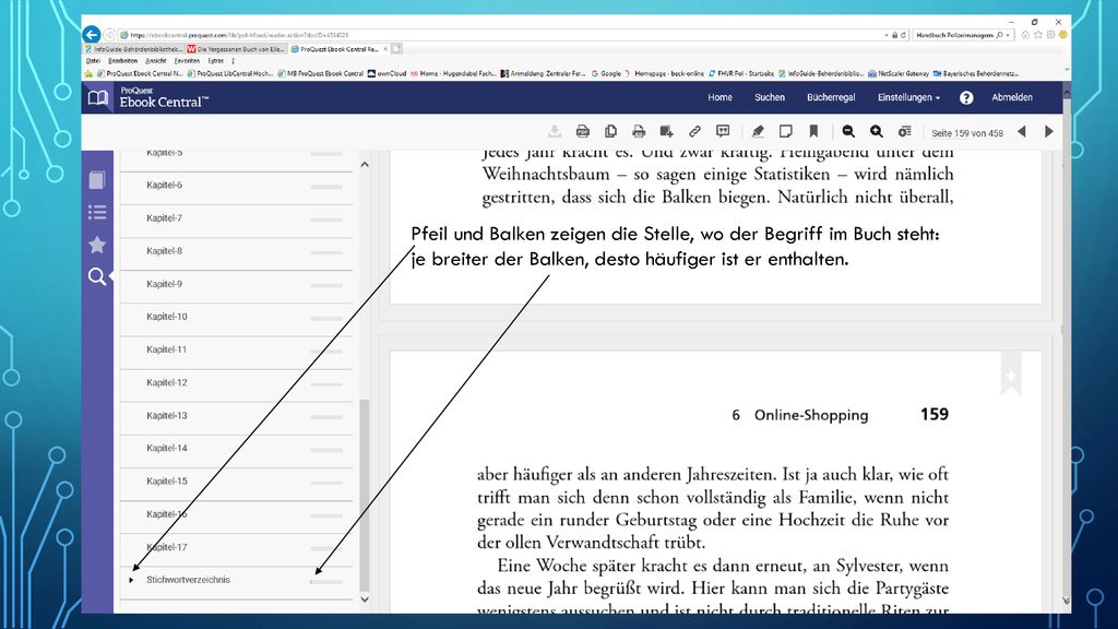 Pfeil und Balken zeigen die Stelle, wo der Begriff im Buch steht: je breiter der Balken, desto häufiger ist er enthalten.