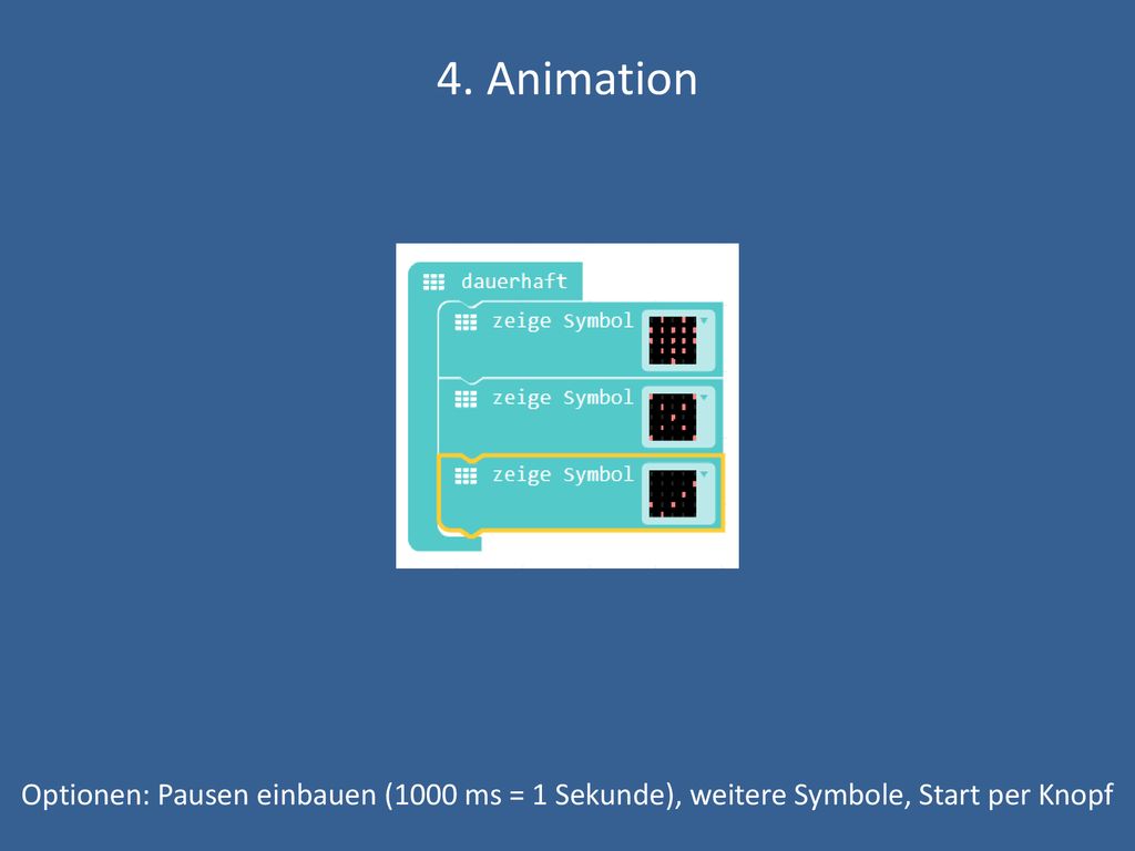 4. Animation Optionen: Pausen einbauen (1000 ms = 1 Sekunde), weitere Symbole, Start per Knopf