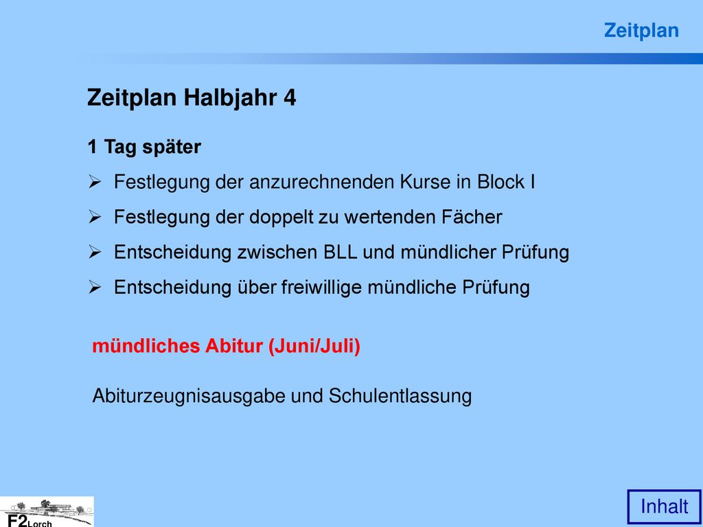 Zeitplan Halbjahr 4 Zeitplan 1 Tag später