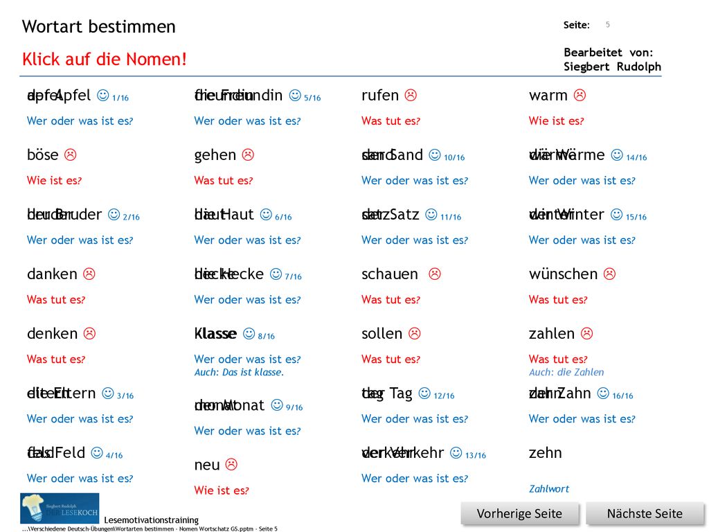 Wortart bestimmen Klick auf die Nomen! apfel der Apfel J 1/16 freundin