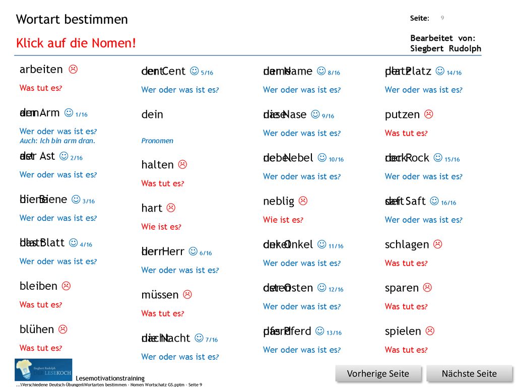 Wortart bestimmen Klick auf die Nomen! arbeiten L der Cent cent J 5/16