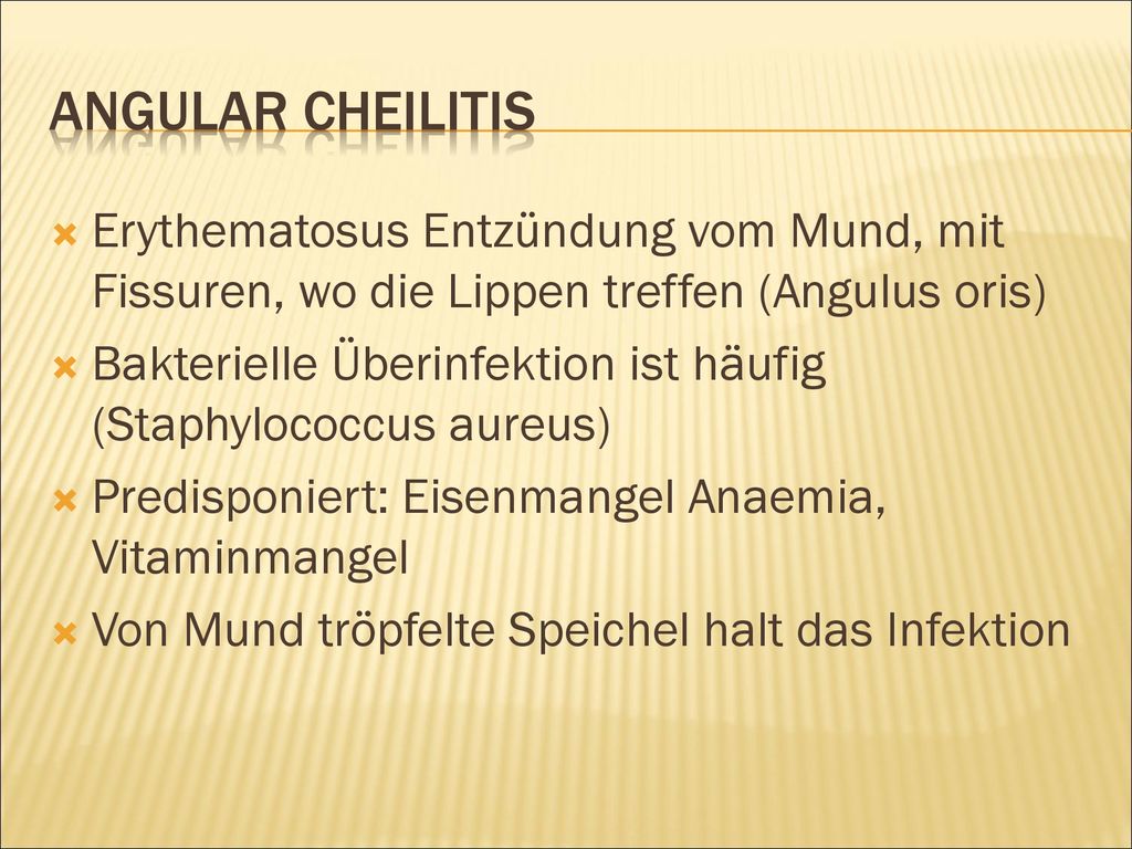 Angular Cheilitis Erythematosus Entzündung vom Mund, mit Fissuren, wo die Lippen treffen (Angulus oris)