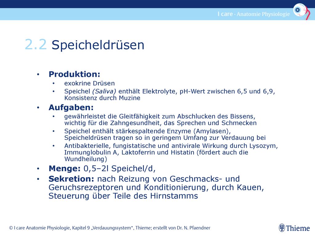 2.2 Speicheldrüsen Produktion: Aufgaben: Menge: 0,5–2l Speichel/d,