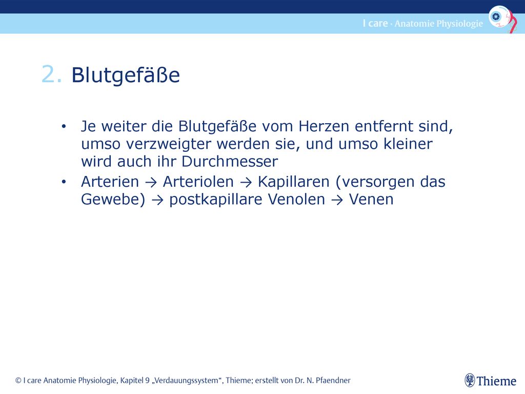 2. Blutgefäße Je weiter die Blutgefäße vom Herzen entfernt sind, umso verzweigter werden sie, und umso kleiner wird auch ihr Durchmesser.