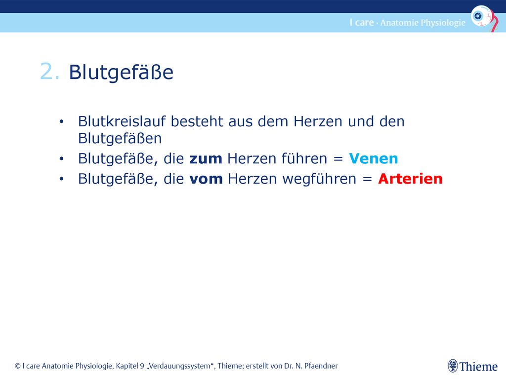2. Blutgefäße Blutkreislauf besteht aus dem Herzen und den Blutgefäßen