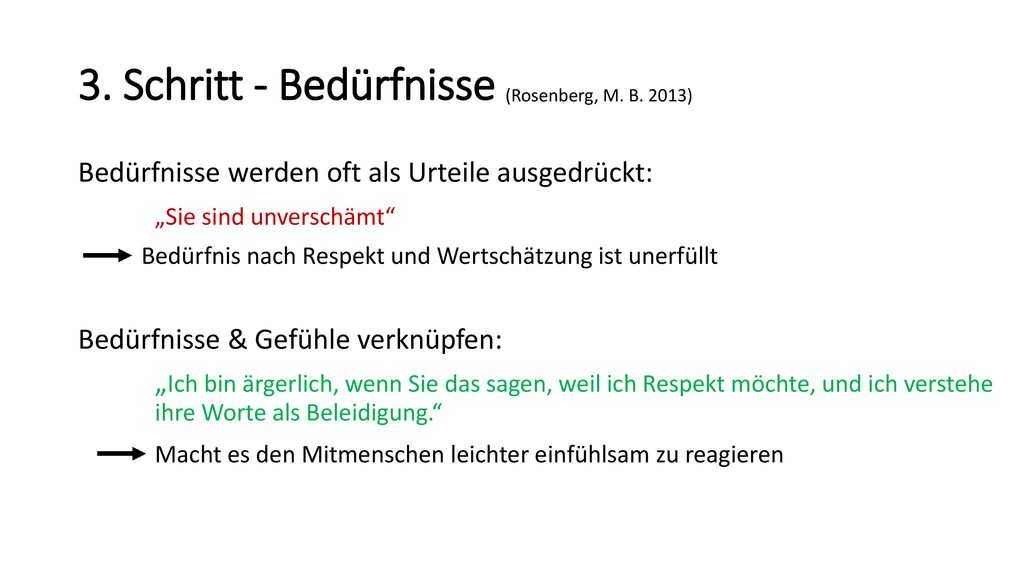3. Schritt - Bedürfnisse (Rosenberg, M. B. 2013) Bedürfnisse werden oft als Urteile ausgedrückt: „Sie sind unverschämt