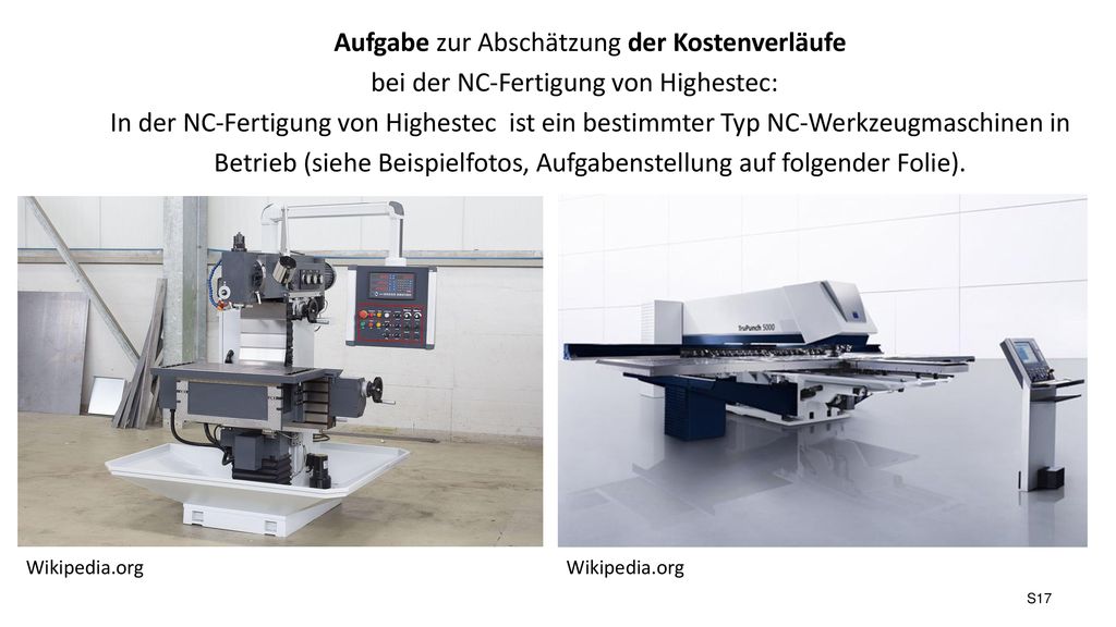 Aufgabe zur Abschätzung der Kostenverläufe bei der NC-Fertigung von Highestec: In der NC-Fertigung von Highestec ist ein bestimmter Typ NC-Werkzeugmaschinen in Betrieb (siehe Beispielfotos, Aufgabenstellung auf folgender Folie).