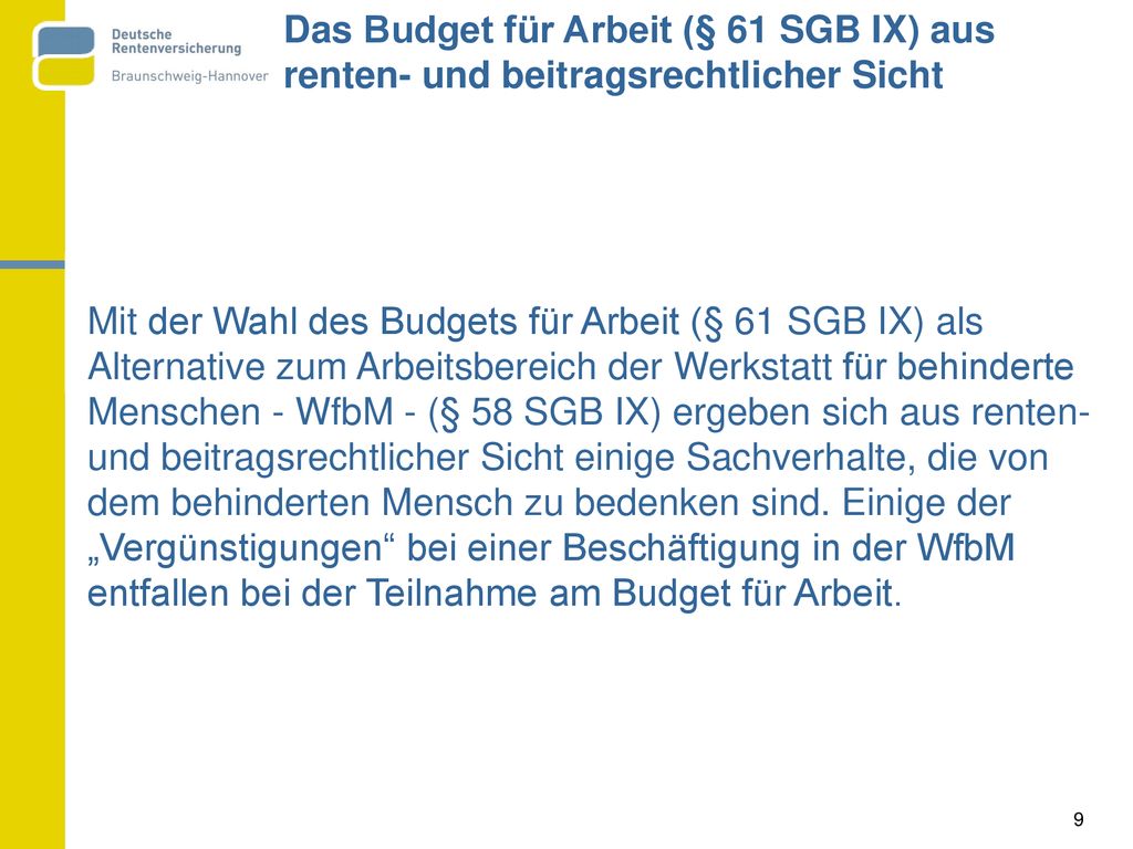 Das Budget für Arbeit (§ 61 SGB IX) aus renten- und beitragsrechtlicher Sicht
