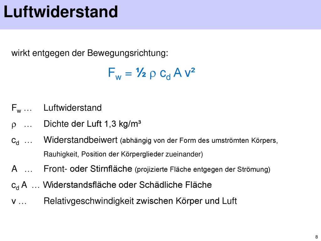 Luftwiderstand wirkt entgegen der Bewegungsrichtung: Fw = ½  cd A v²