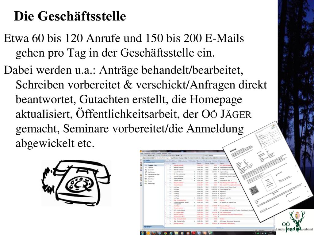 Die Geschäftsstelle Etwa 60 bis 120 Anrufe und 150 bis 200  s gehen pro Tag in der Geschäftsstelle ein.