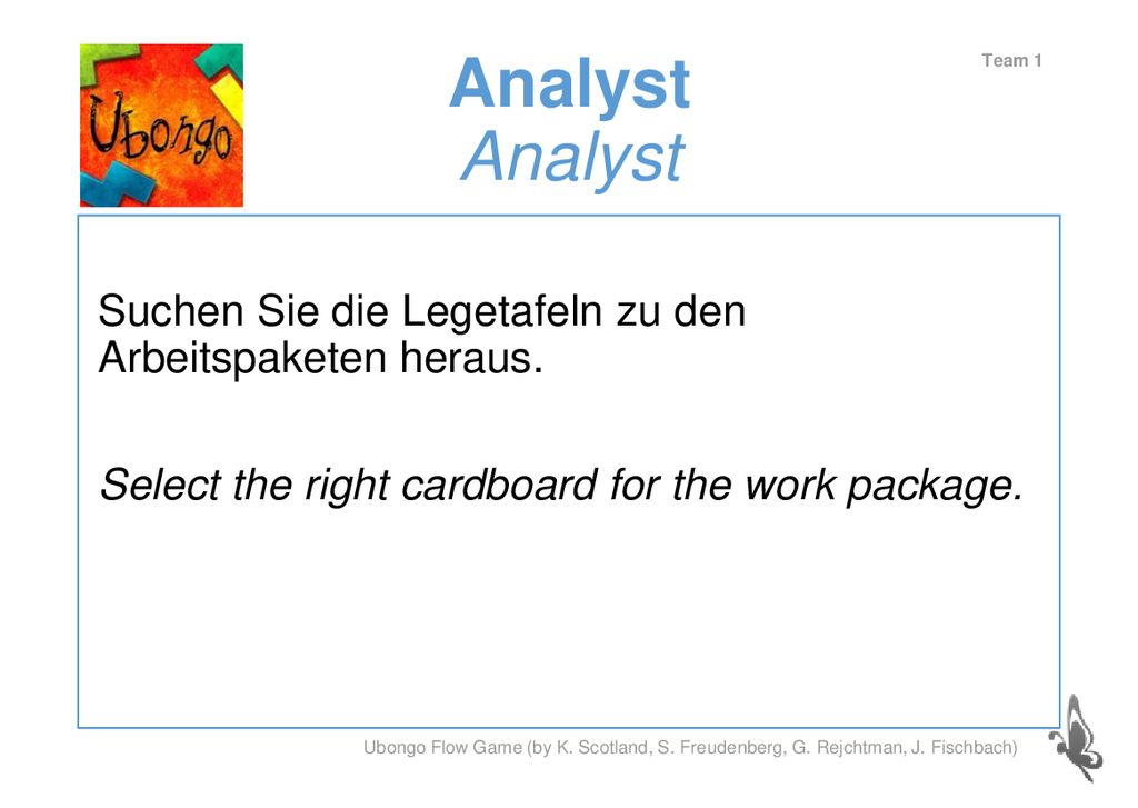 Analyst Analyst Team 1. Suchen Sie die Legetafeln zu den Arbeitspaketen heraus. Select the right cardboard for the work package.