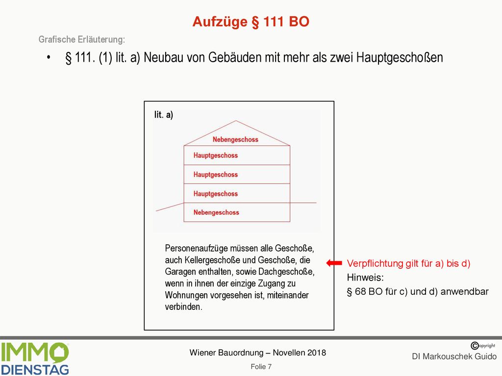 Aufzüge § 111 BO Grafische Erläuterung: § 111. (1) lit. a) Neubau von Gebäuden mit mehr als zwei Hauptgeschoßen.