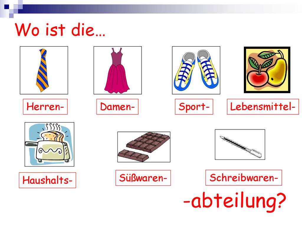 -abteilung Wo ist die… Herren- Damen- Sport- Lebensmittel- Süßwaren-