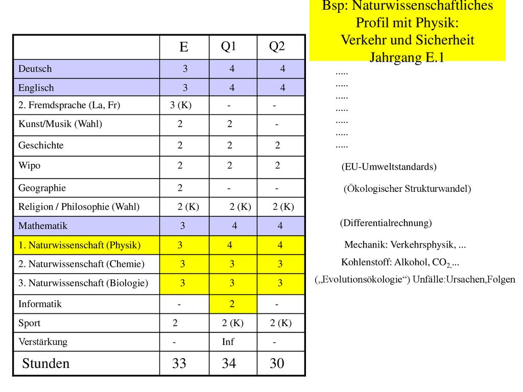 Bsp: Naturwissenschaftliches Profil mit Physik: Verkehr und Sicherheit Jahrgang E.1