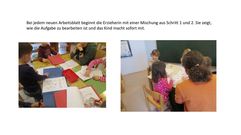 Bei jedem neuen Arbeitsblatt beginnt die Erzieherin mit einer Mischung aus Schritt 1 und 2. Sie zeigt,