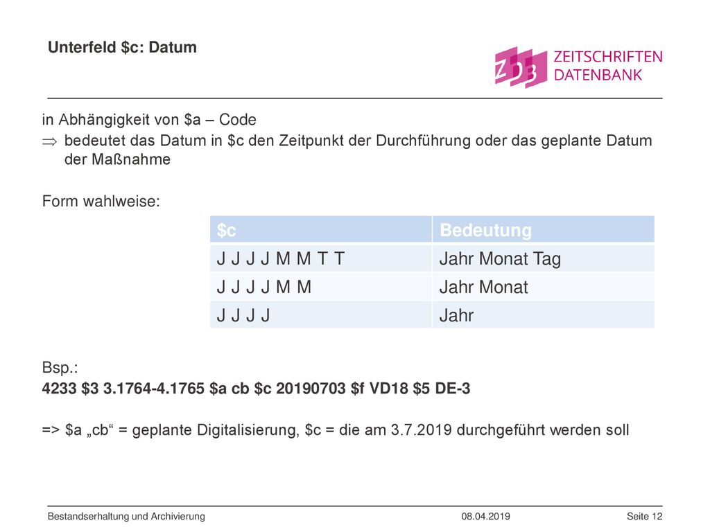 $c Bedeutung JJJJMMTT Jahr Monat Tag JJJJMM Jahr Monat JJJJ Jahr