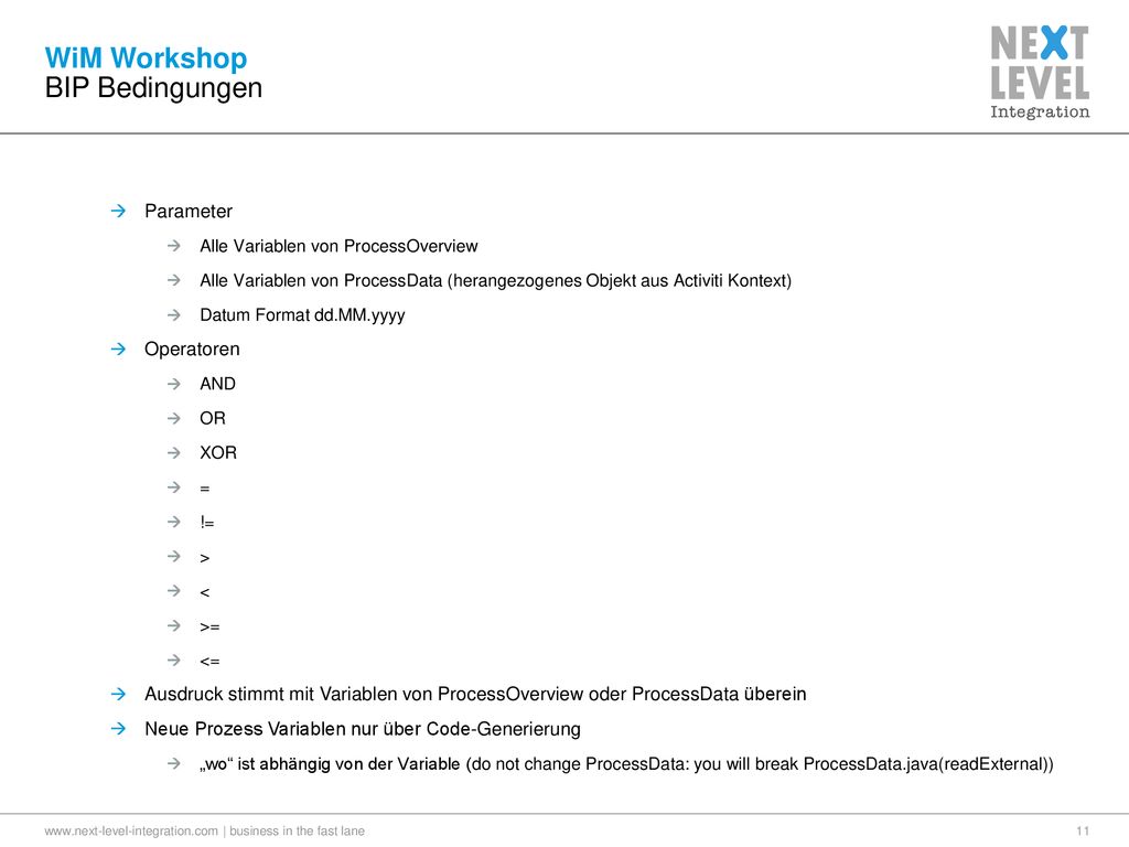 WiM Workshop BIP Bedingungen Parameter Operatoren
