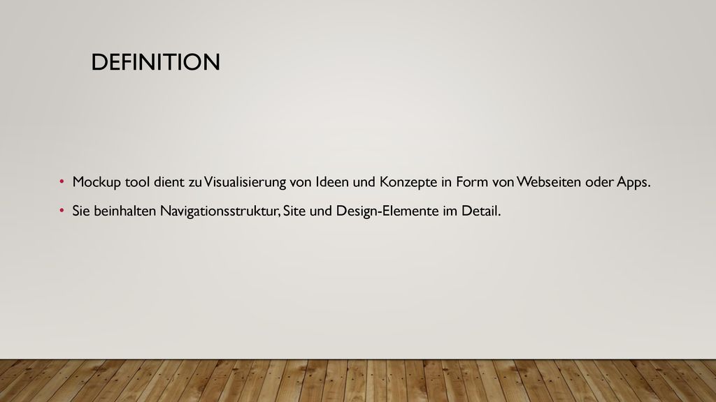 Definition Mockup tool dient zu Visualisierung von Ideen und Konzepte in Form von Webseiten oder Apps.