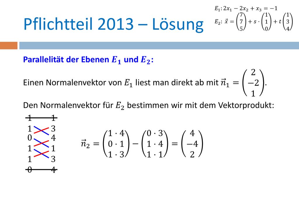 𝐸 1 :2 𝑥 1 −2 𝑥 2 + 𝑥 3 =−1 𝐸 2 : 𝑥 = 𝑠⋅ 𝑡 Pflichtteil 2013 – Lösung.