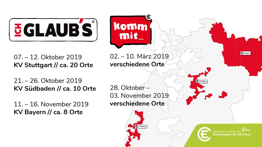 07. – 12. Oktober 2019 KV Stuttgart // ca. 20 Orte. 21. – 26. Oktober KV Südbaden // ca. 10 Orte.