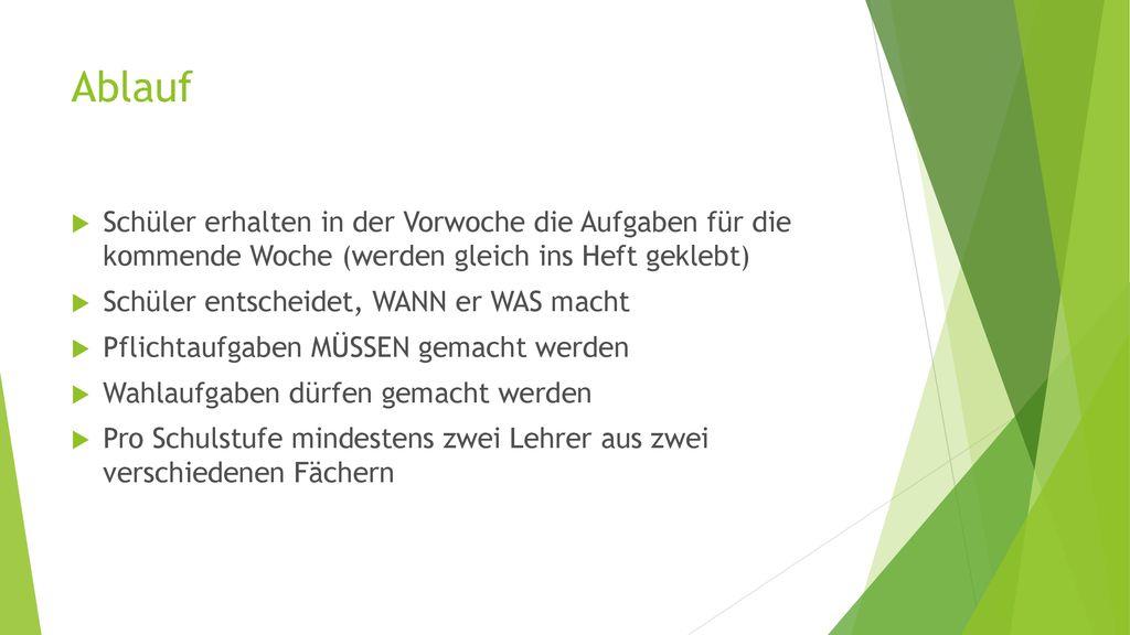 Ablauf Schüler erhalten in der Vorwoche die Aufgaben für die kommende Woche (werden gleich ins Heft geklebt)
