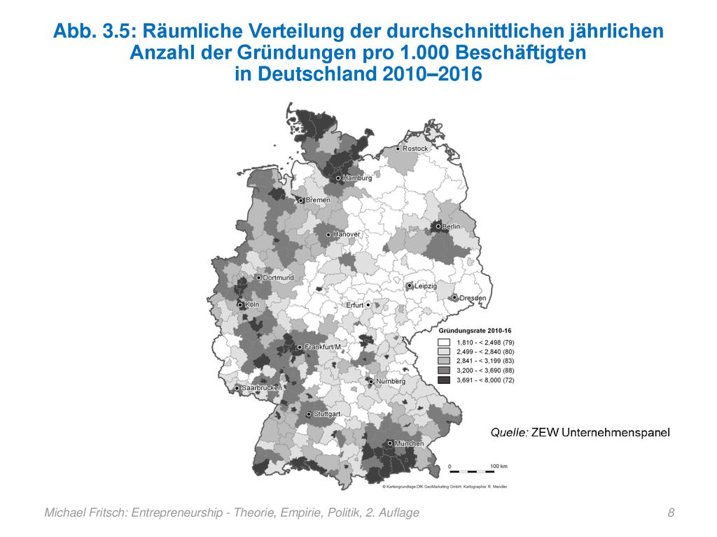 Abb. 3.5: Räumliche Verteilung der durchschnittlichen jährlichen Anzahl der Gründungen pro Beschäftigten in Deutschland 2010–2016