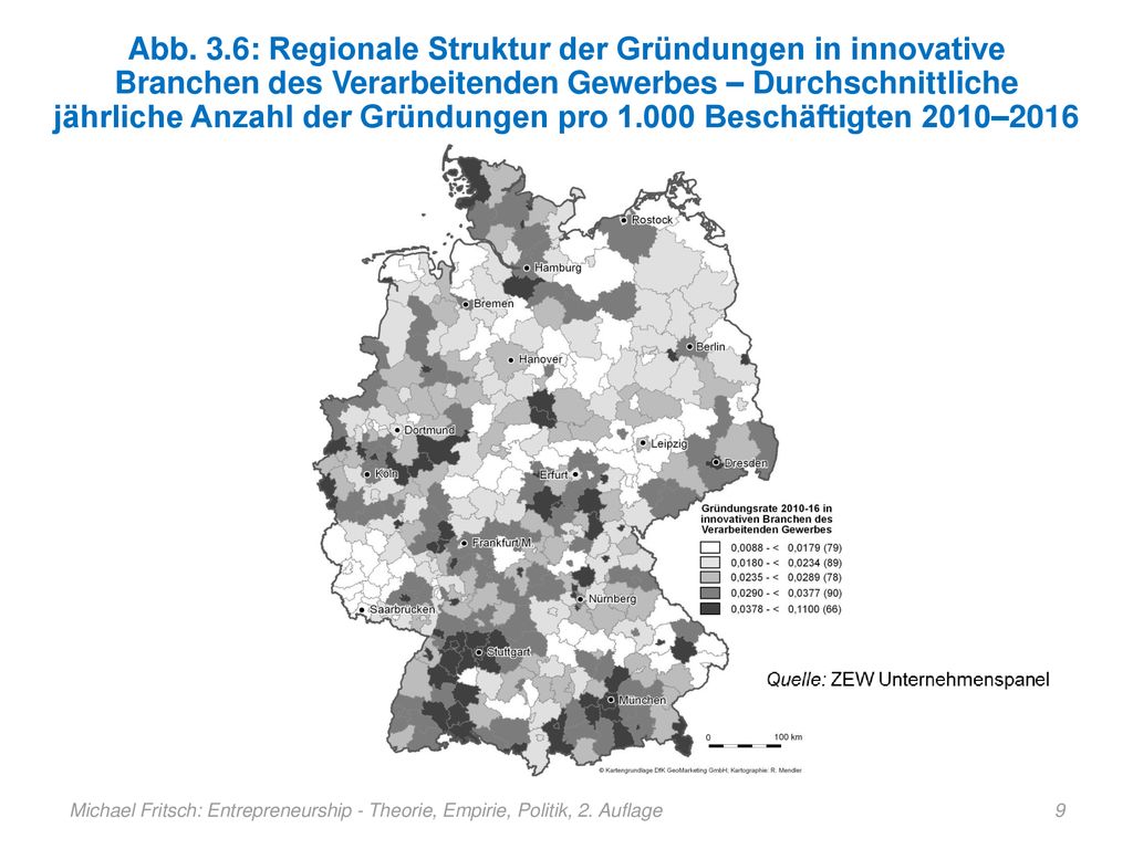 Abb. 3.6: Regionale Struktur der Gründungen in innovative Branchen des Verarbeitenden Gewerbes – Durchschnittliche jährliche Anzahl der Gründungen pro Beschäftigten 2010–2016