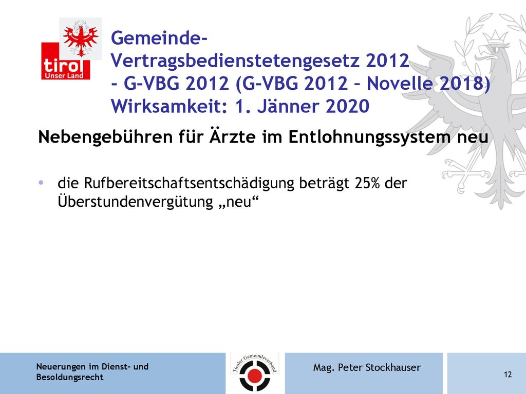 Gemeinde- Vertragsbedienstetengesetz G-VBG 2012 (G-VBG 2012 – Novelle 2018) Wirksamkeit: 1. Jänner 2020