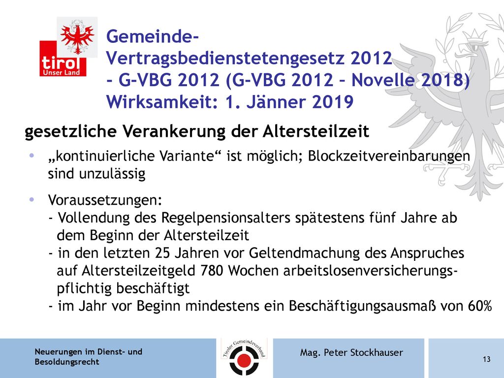 Gemeinde- Vertragsbedienstetengesetz G-VBG 2012 (G-VBG 2012 – Novelle 2018) Wirksamkeit: 1. Jänner 2019