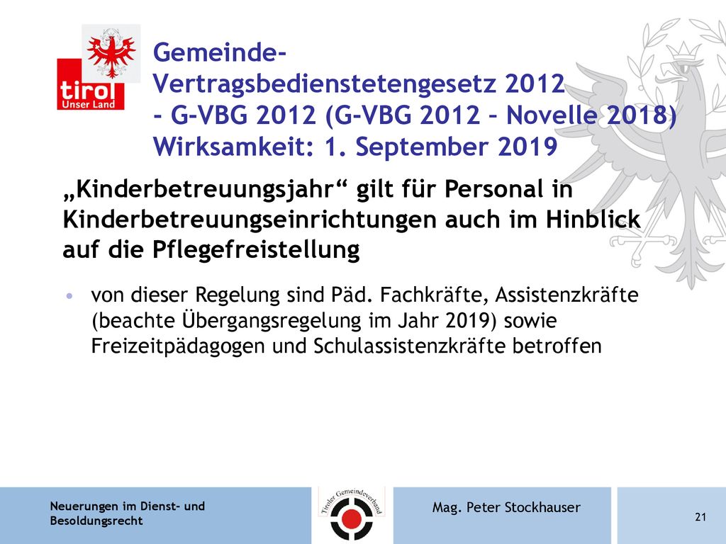 Gemeinde- Vertragsbedienstetengesetz G-VBG 2012 (G-VBG 2012 – Novelle 2018) Wirksamkeit: 1. September 2019