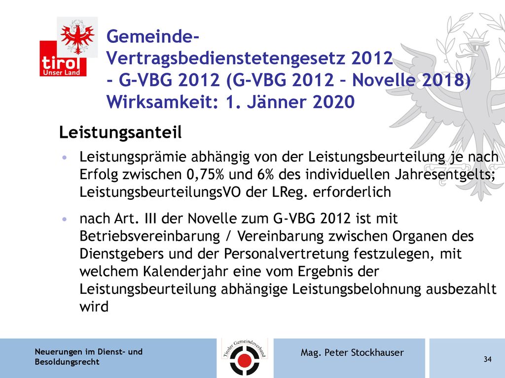 Gemeinde- Vertragsbedienstetengesetz G-VBG 2012 (G-VBG 2012 – Novelle 2018) Wirksamkeit: 1. Jänner 2020