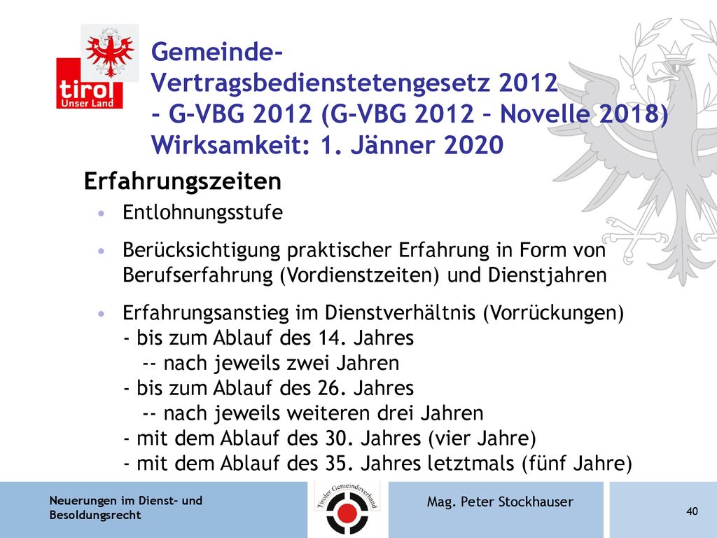 Gemeinde- Vertragsbedienstetengesetz G-VBG 2012 (G-VBG 2012 – Novelle 2018) Wirksamkeit: 1. Jänner 2020