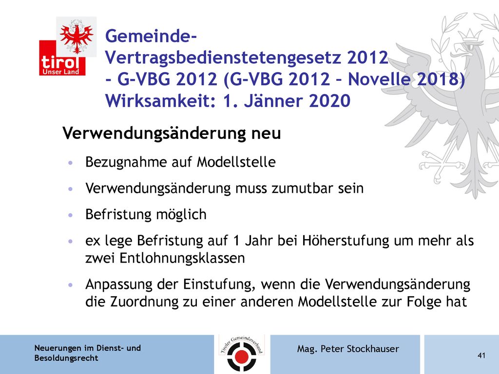 Gemeinde- Vertragsbedienstetengesetz G-VBG 2012 (G-VBG 2012 – Novelle 2018) Wirksamkeit: 1. Jänner 2020