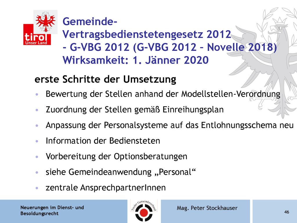 Gemeinde- Vertragsbedienstetengesetz G-VBG 2012 (G-VBG 2012 – Novelle 2018) Wirksamkeit: 1. Jänner 2020