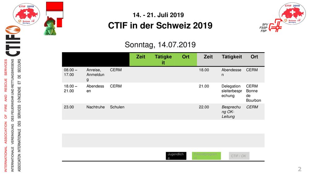 CTIF in der Schweiz 2019 Sonntag, Zeit Tätigkeit Ort