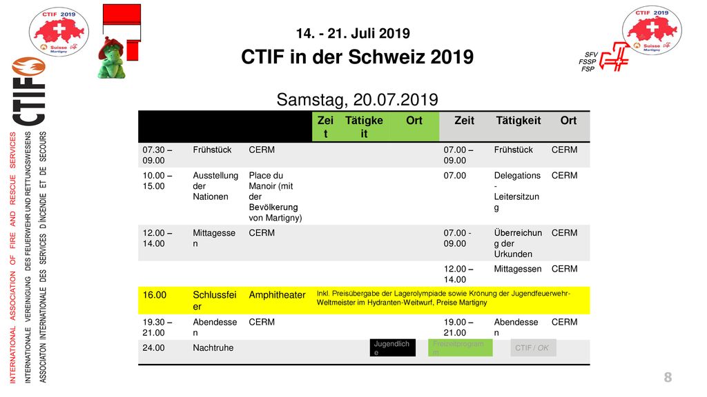 CTIF in der Schweiz 2019 Samstag, Zeit Tätigkeit Ort 16.00