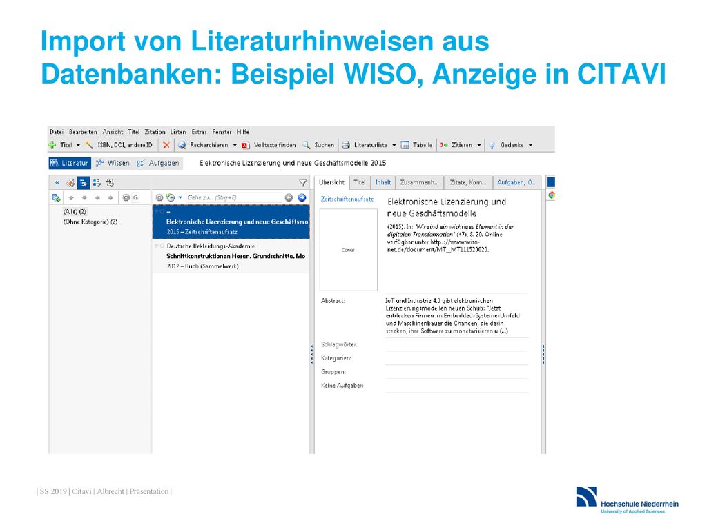 Import von Literaturhinweisen aus Datenbanken: Beispiel WISO, Anzeige in CITAVI