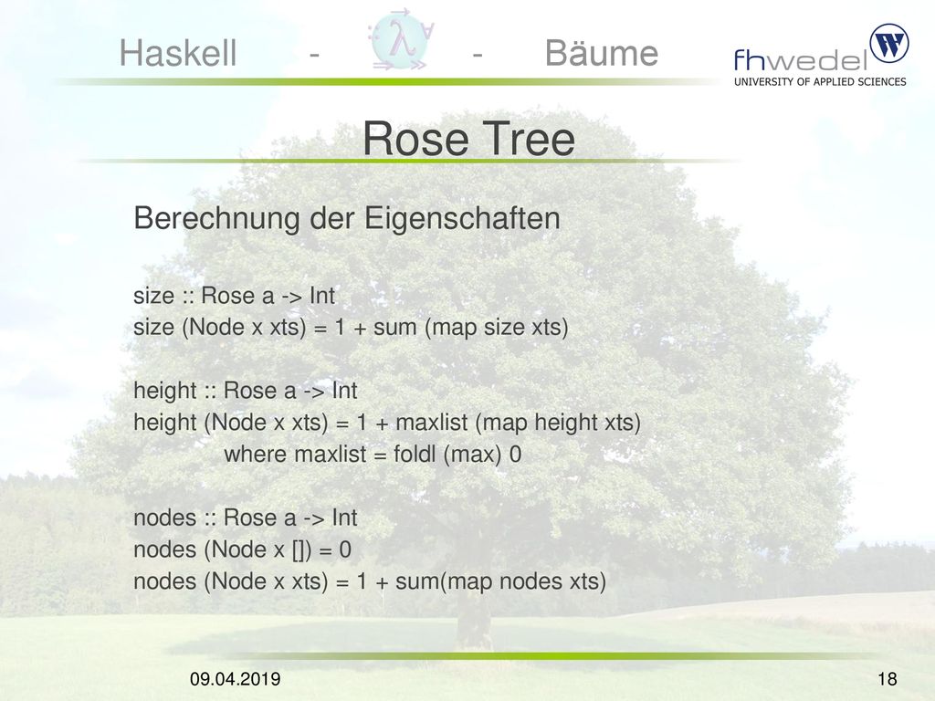 Rose Tree Berechnung der Eigenschaften size :: Rose a -> Int