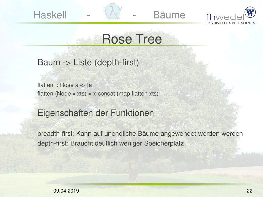 Rose Tree Baum -> Liste (depth-first) Eigenschaften der Funktionen