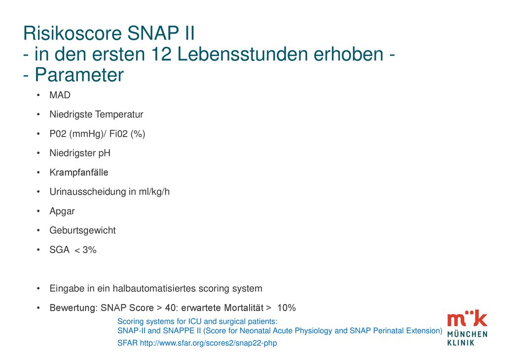 Risikoscore SNAP II - in den ersten 12 Lebensstunden erhoben - - Parameter