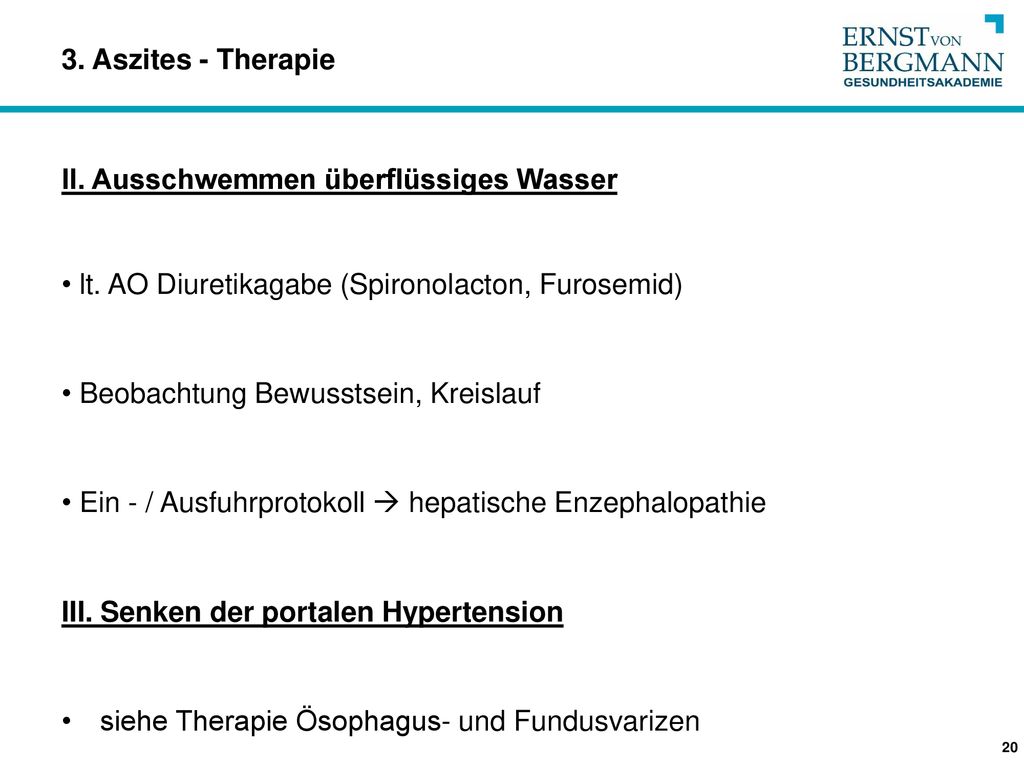 3. Aszites - Therapie II. Ausschwemmen überflüssiges Wasser. lt. AO Diuretikagabe (Spironolacton, Furosemid)